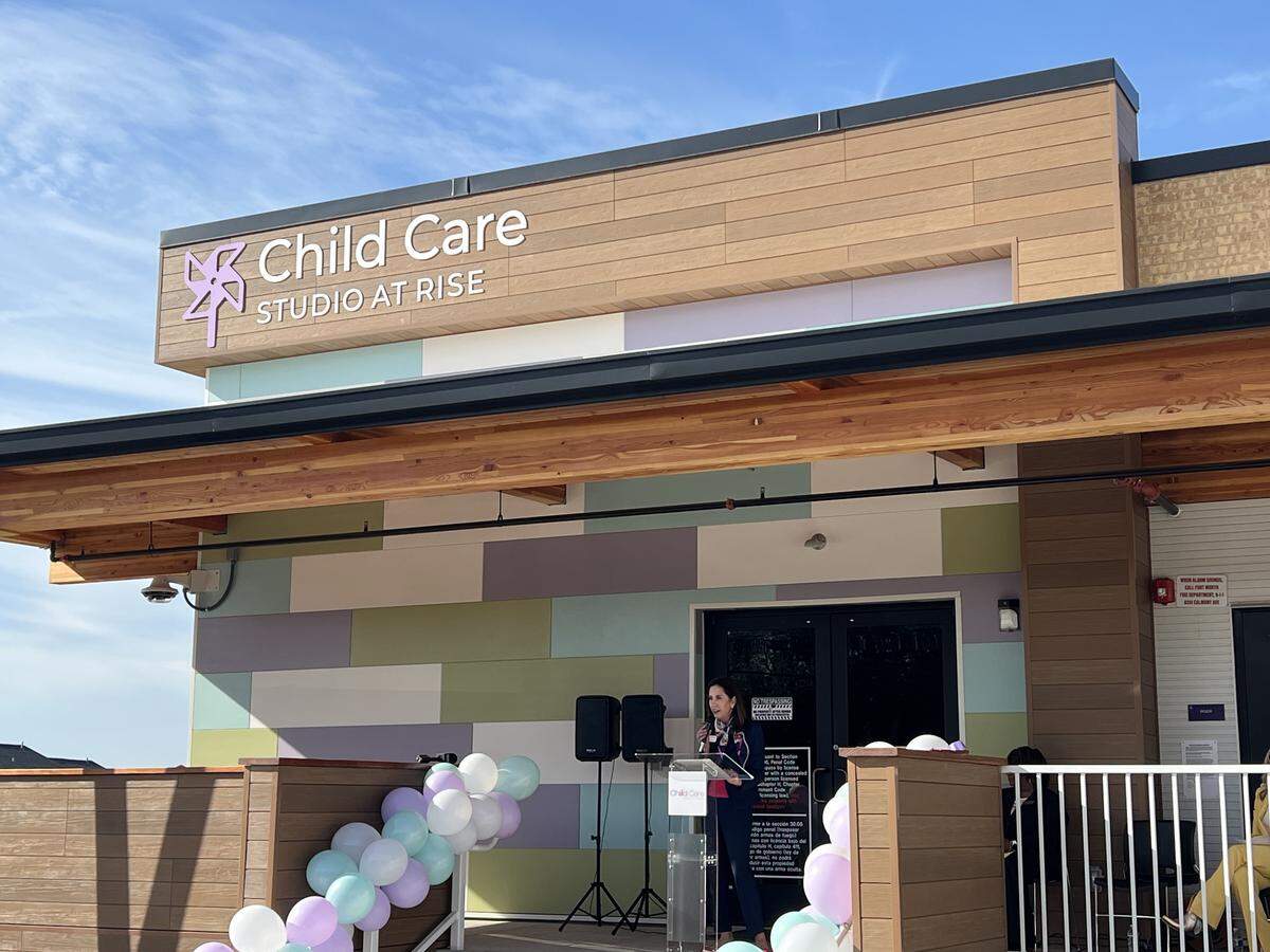Child Care Associates President and CEO Kara Waddell speaks during a ribbon-cutting event for the Child Care Studio at Rise in Fort Worth’s Las Vegas Trail neighborhood on May 7, 2026.